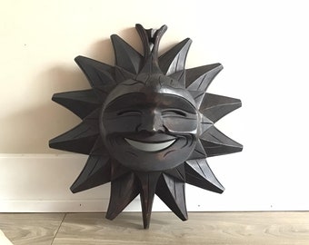 ガーナ　丸顔の太陽月　木製の顔彫刻 アートオブジェ 太陽と月の装飾、月の顔、木製の太陽の顔、木製の太陽と月の壁アート