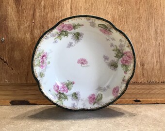 Unbelievably Beautiful Antique J C  Louise Bavaria Hand Painted Antique Porcelain Bowl Floral with Black Rim, Pink, Green, Purple, Gold