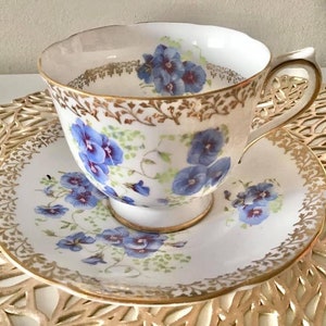 Collingwoods Floral Teacup and Saucer, Vintage Bone China Blue Purple