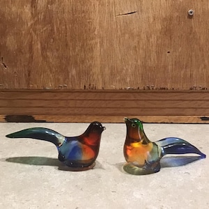 2 Vintage Clear and Colorful Glass Bird Paperweight, Art Glass Figurines