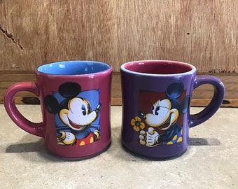 2 Disney Mickey Mouse MUGS Coffee Cup Tea Mugs Pink and Purple, Blue and Pink Inside