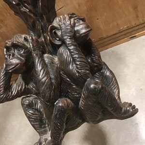 May include: Two brown monkey figurines with their hands over their eyes and ears, symbolizing "See no evil, hear no evil". The monkeys are perched on a tree trunk.