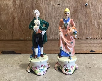 Set of Rococo Style Tole Porcelain Man and Woman Figurative Boudoir Lamps
