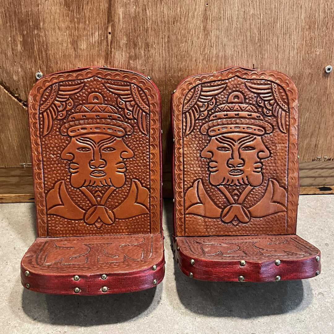 Vintage Aztec Mayan Leather Style Bookends, Studded Tooled Tiki Decor ...