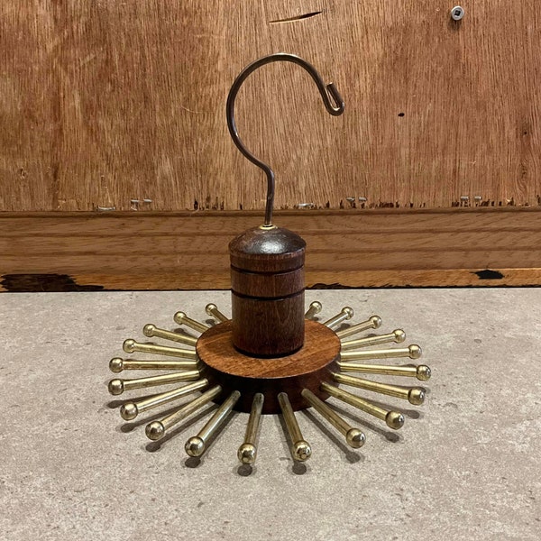 Vintage Closet Tie Belt Spinning Rack Wood and Metal Brass