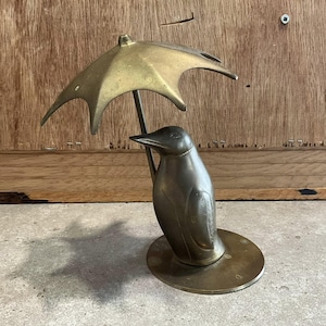 Vintage Brass Penguin Figurine Statue with Umbrella