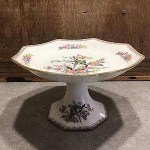 Antique CROWN DUCAL Ware Cake Stand Floral with Parrot Bird Pattern England - RARE