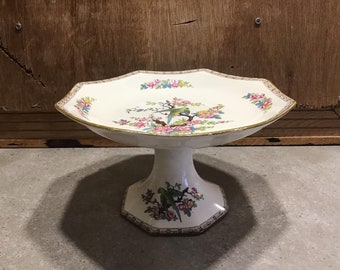 Antique CROWN DUCAL Ware Cake Stand Floral with Parrot Bird Pattern England - RARE