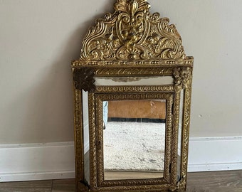 Antique Rococo Brass Mirror Cabinet: Ornate Repousse Frame