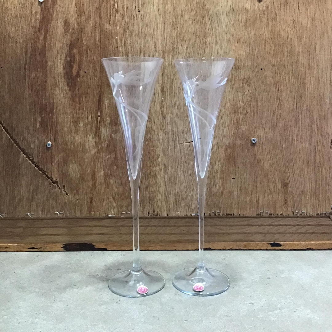 Vintage Etched Champagne Flutes With Doves and Ribbons 12 Tall, Made in