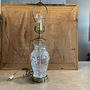WATERFORD CRYSTAL Glass & Brass Lamp, Vintage Cut Crystal Accent Table Lamp