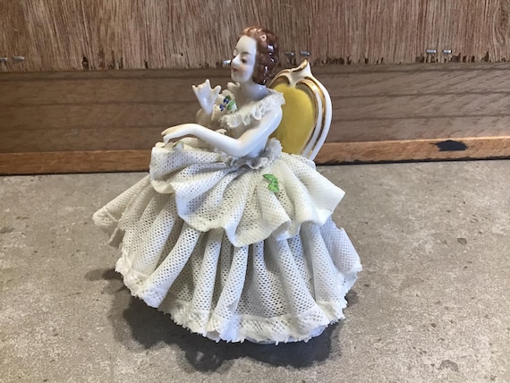 Vintage Dresden Germany Porcelain Lace Figurine Lady Sitting on
