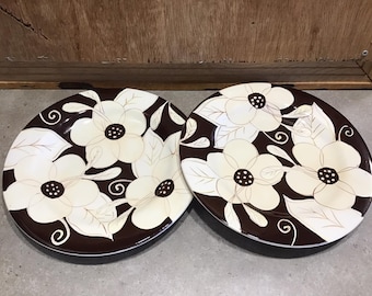 2 Laurie Gates Emma Dinner Plates Brown Large Beige Flowers, Dishwasher Safe