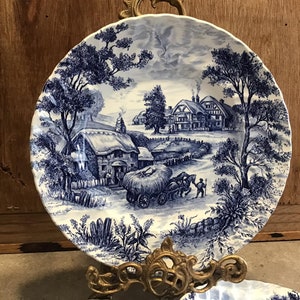 3 Vintage Ridgway Hayride Ironstone Dinner Plates Blue and White, Staffordshire, Made in England