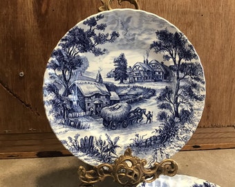 3 Vintage Ridgway Hayride Ironstone Dinner Plates Blue and White, Staffordshire, Made in England