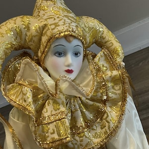 Rara bambola da clown in porcellana Arlecchino da 17,5 pollici, arte antica, pieghevole, regalo da collezione, snodabile