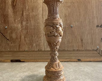 Jarrón de madera vintage tallado a mano, con motivos de animales salvajes, decoración rústica bohemia.