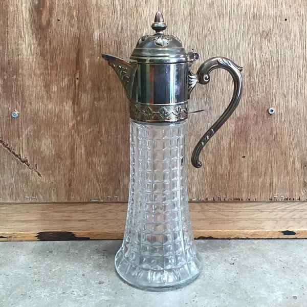 Vintage Mid-century Italian-made claret, port, wine decanter, Cut glass with Metal embossed lid and handle.