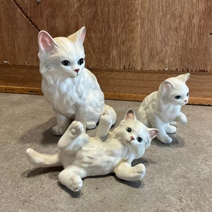 3 Vintage White Cat Figurines Ceramic Animal Statue Collectible Figurine Gift for Cat Lover or Shelf Decor Made in Japan