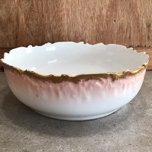 Antique Elite Limoges France Serving Bowl Pink And White with Heavy Gold And Decoration Trim - RARE