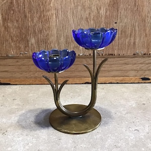 Ystad Metall by Gunnar Ander, Modernist Blue Glass and Brass Candleholder | Swedish