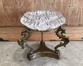 Vintage Crystal Cut Glass Ashtray with 3 Dragon Stand 4.5" Tall