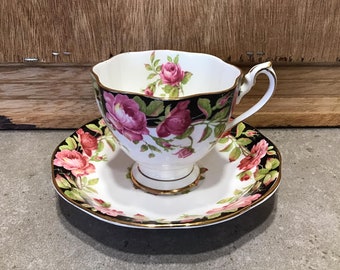 Vintage Queen Anne Teacup & Saucer Black Magic Pattern Large Pink Cabbage Roses and Black Borders, Made in England