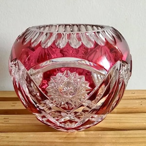 Vintage Bohemian Etched Cranberry Crystal Round Vase hand blown Glass Art