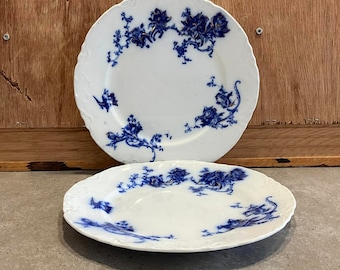 Antique Royal Semi-Porcelain Plates: Blue Floral, Gold Accent (Set of 2)