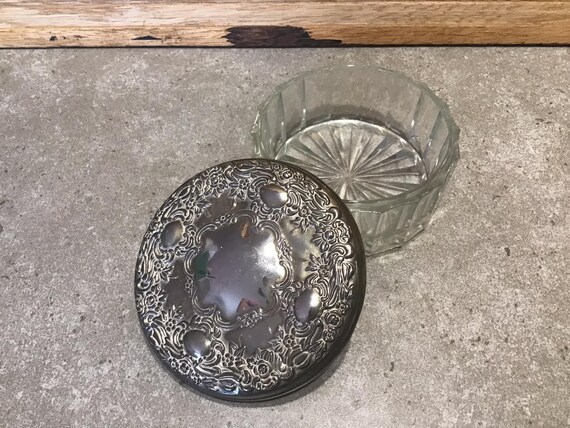 Vintage Silver Plated Glass Powder Dish With Mirrored Floral Lid