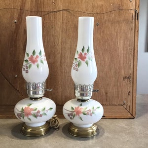 Set of 2 Vintage  Floral Accent Lamp Milk Glass and Metal Boudoir Light Electric Hurricane Lamp Modern Mid Century