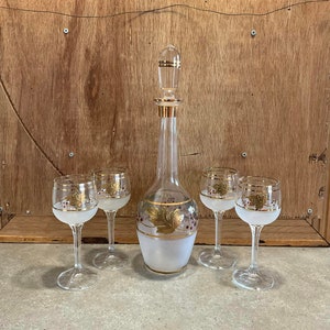 Vintage Bohemia Czech Glass Decanter Set: Frosted & Gold Leaf, 5-Piece