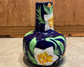 Vintage Italian Pottery Vase - Hand Painted Fiori Ceramic Squat Vase - Cobalt Blue Floral Bud Vase Italy - Colorful Majolica Decor Gift