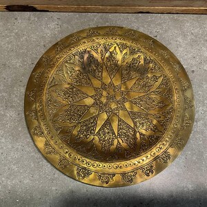 Vintage Decorative Middle Eastern Brass Carved Round Plate, Elegant Wall Decor, Gift Idea