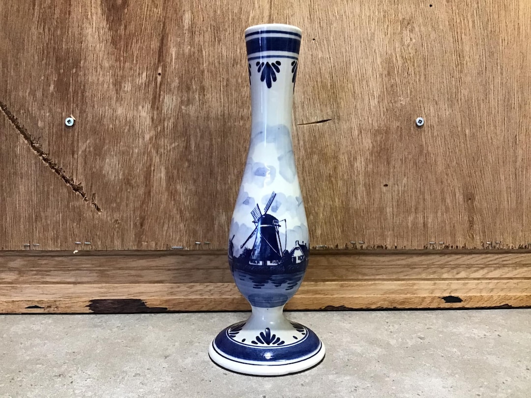 Vintage Tall Delft Vase Holland Blue and White Hand Painted Ship and ...