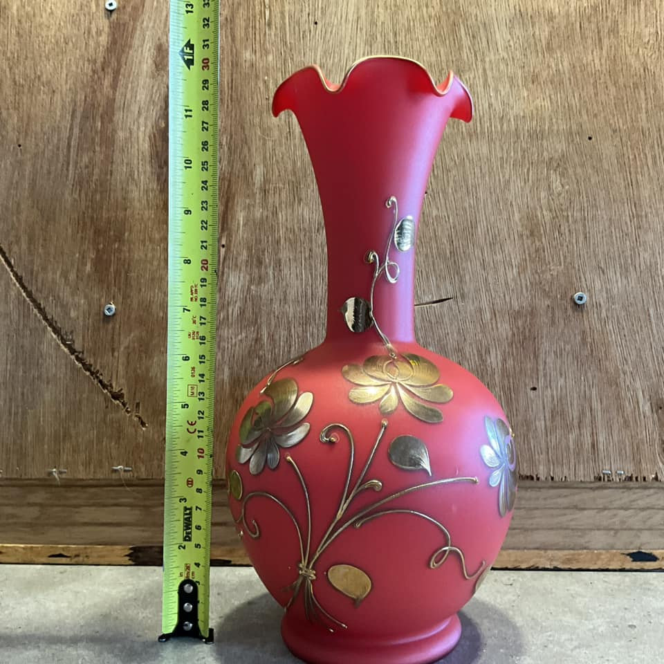 ヴィンテージ イタリア製ガラス花瓶、赤オレンジ、金箔の花