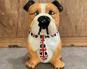 Bulldog Ceramic Cookie Or Stash Treat Jar, Wearing Necktie
