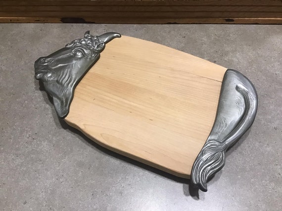 Meat Carving Board With Metal Bull Head Figure, Wood and Metal Cutting Board  