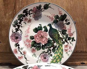 2 Vintage Peacock and Pink Flowers Franciscan Dynasty Collection Dinner Plates Exotic Garden Myott Meakin England