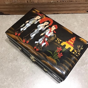 Asian Lacquer Mother of Pearl Jewelry Box with Hand Painted Abalone Inlay Vintage Asian Jewelry Chest
