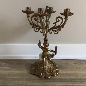 Vintage or Antique Candelabra with Cherub Angel Centerpiece for 4 candles, Fireplace Gold Candle Holder