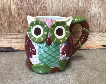 Pier 1 Hand Painted Owl Mug Bright Colors and Glaze