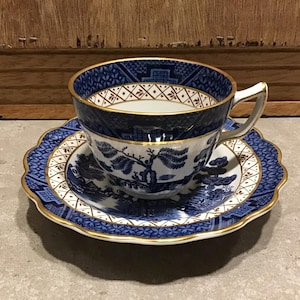 Vintage Booths Real Old Willow Teacup and Saucer Blue and White with Gold Trim Made in England A8025