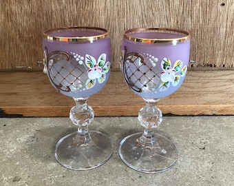 2 Vintage Bohemia Colored Crystal Enamel Purple Blue Pink LIQUEUR Glasses with Bright Clear Crystal Ball Stem Set, 24K Gold-Plated