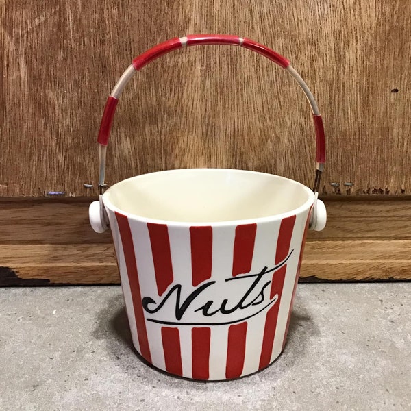 Vintage Yona Original 1957 Vintage Ceramic Snack Serving Pail Bucket Red White Stripes for Chips, Candies or Nuts