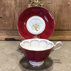 Vintage Royal Albert Bone China Cup and Saucer: Burgundy Red with Yellow Flowers