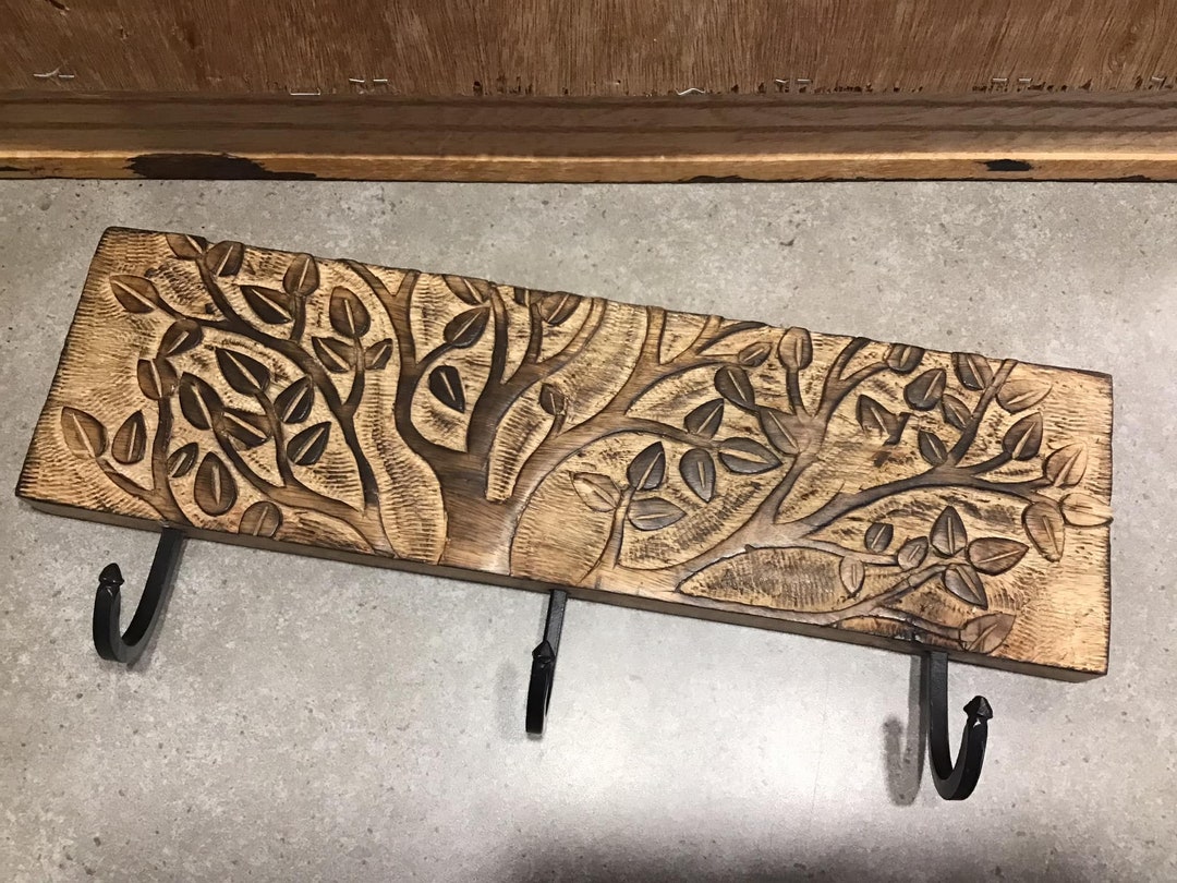 Hand Carved Mango Wood Key Rack: Tree of Life Rustic Decor - Etsy