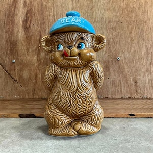 Vintage Cookie Bear Cookie Jar with Blue Baseball Cap Made in Japan