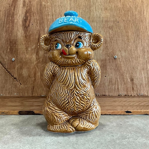 【1940s USA vintage】クッキージャー 小物入れ クマ　ビンテージ 青い帽子をかぶったヴィンテージ風セラミック製クマ型クッキージャー