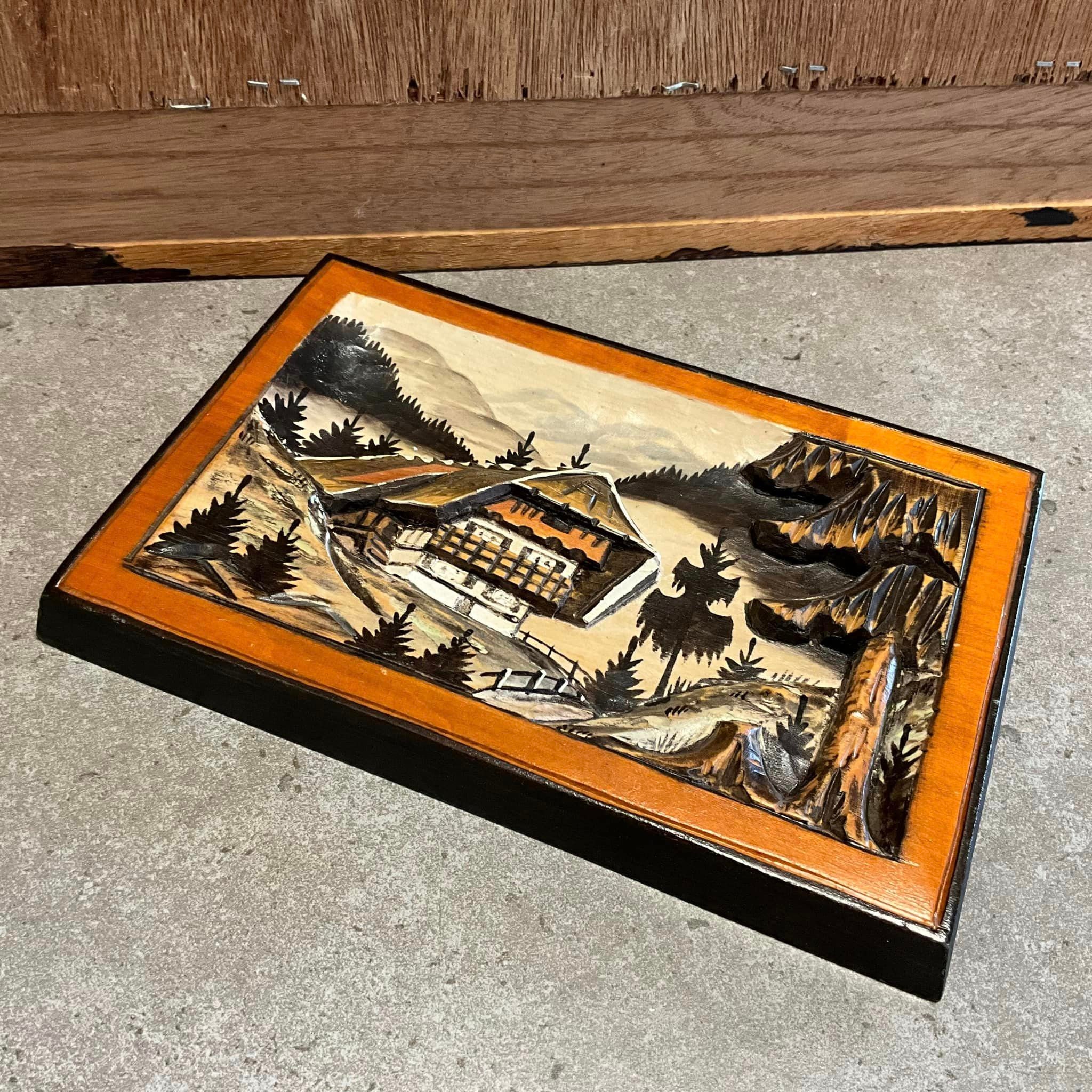 Vintage German 3D Carved Wood Black Forest Scenery Wall Plaque